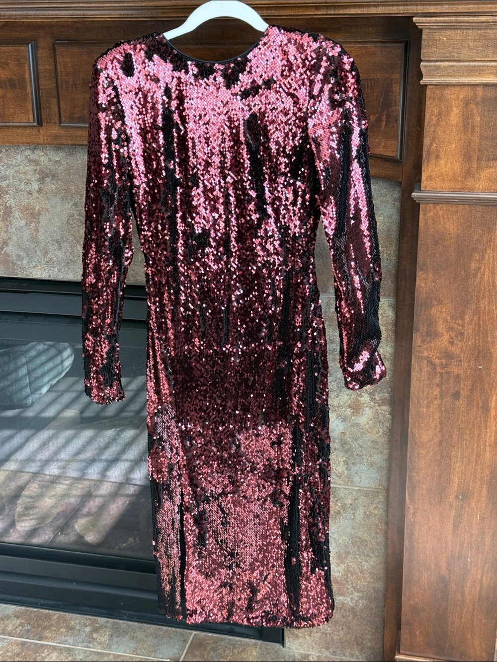 Dress the Population Natalie Sequin Dress M Port Burgundy Black Bodycon Midi